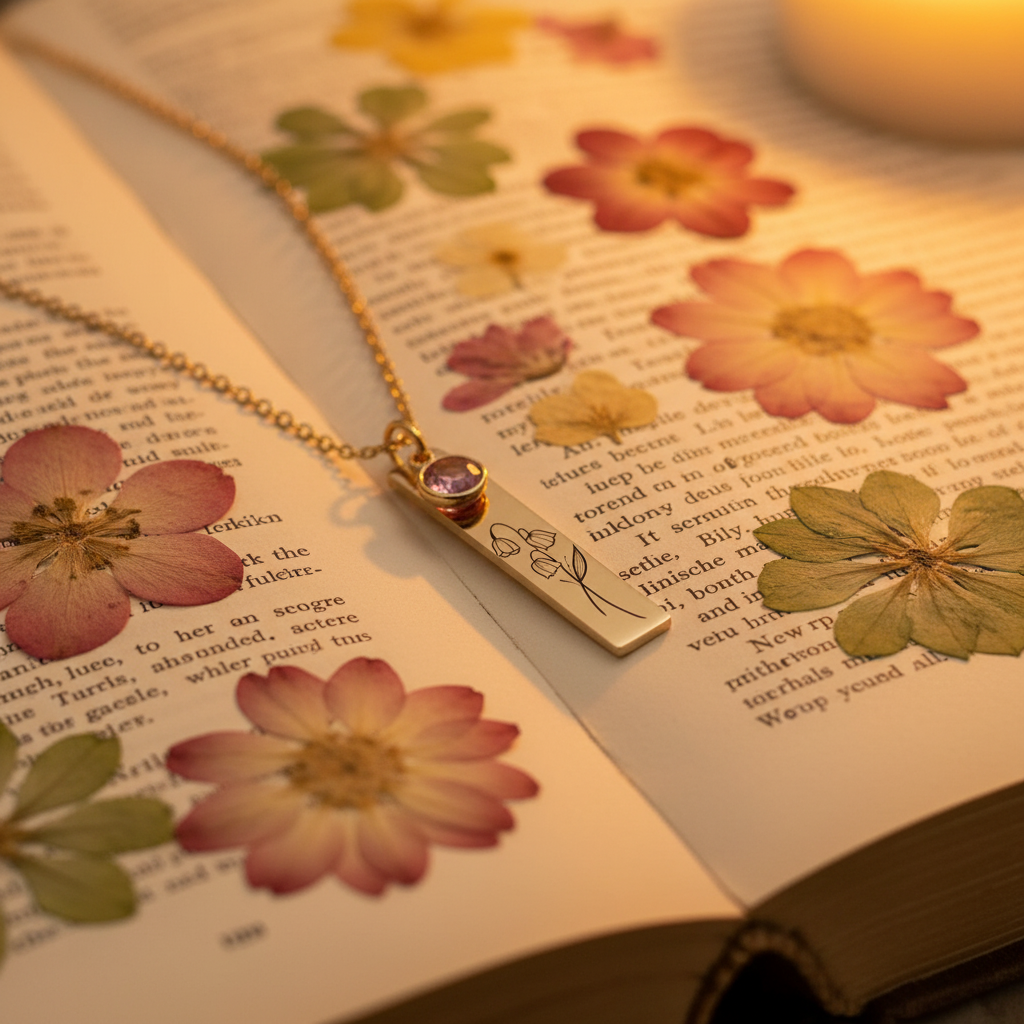 Gold birth flower bar necklace with pink birthstone on vintage book with pressed flowers and candlelight