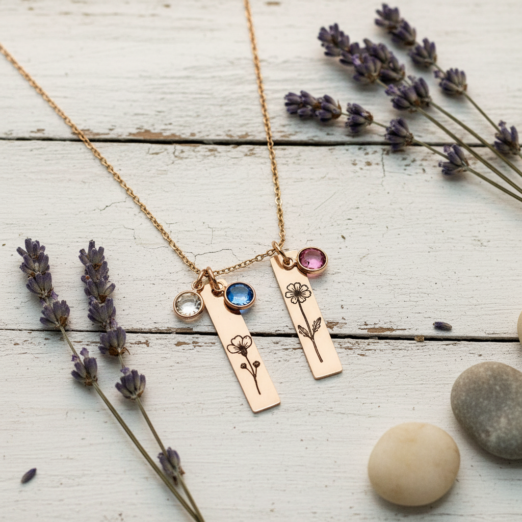 Rose gold birth flower bar necklaces with pink and blue birthstone charms on white wood with dried lavender