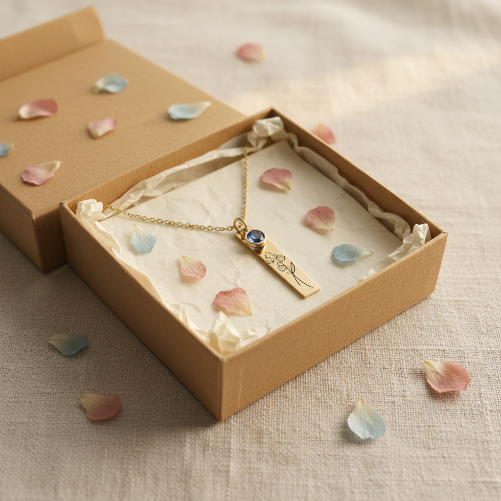 Gold birth month flower bar necklace in kraft paper gift box with dried flower petals on linen